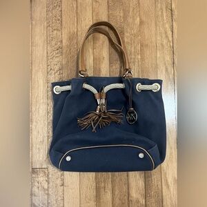 Michael Kors Navy Blue Canvas  Brown Leather Trim and Handles drawstring Tote